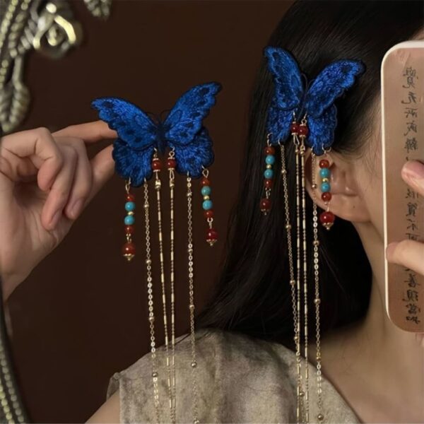 Imperial Blue Embroidered Butterfly Tassel Hair Clip